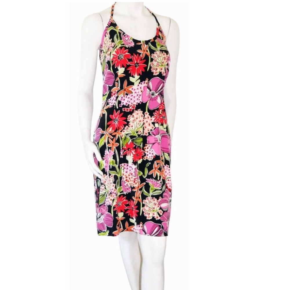 Lilly Pulitzer Silk Black Flower Market Print‎ Halter Sun Dress Sz 8 Zip Up Mini
